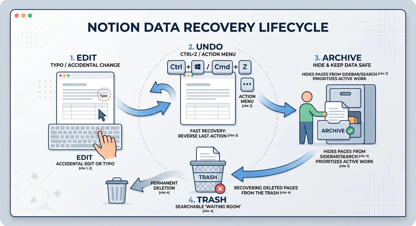 Professional B2B SaaS blog illustration representing the Notion Data Recovery Lifecycle: Edit, Undo, Archive, and Trash. Modern flat design, clean infographic style.