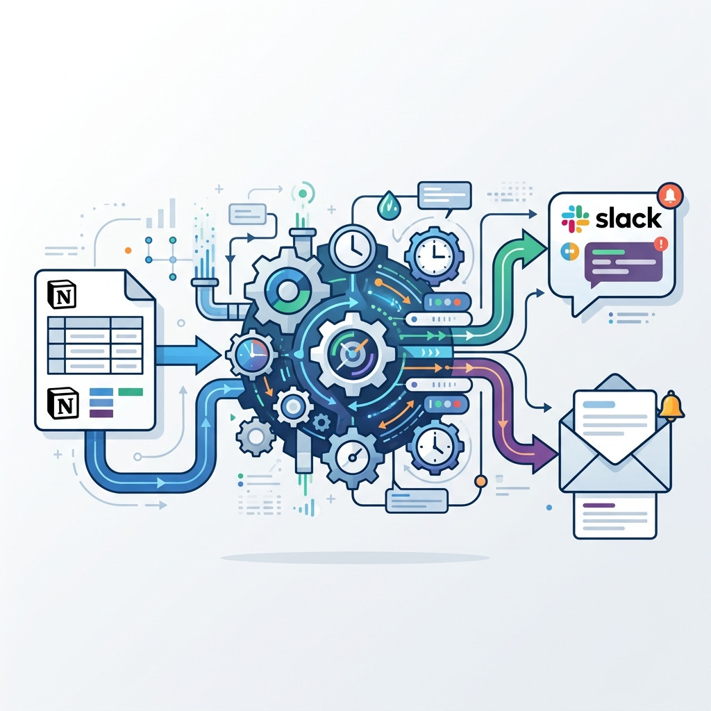 Abstract architecture showing a robust chronological polling engine connecting a Notion database to Slack and Email