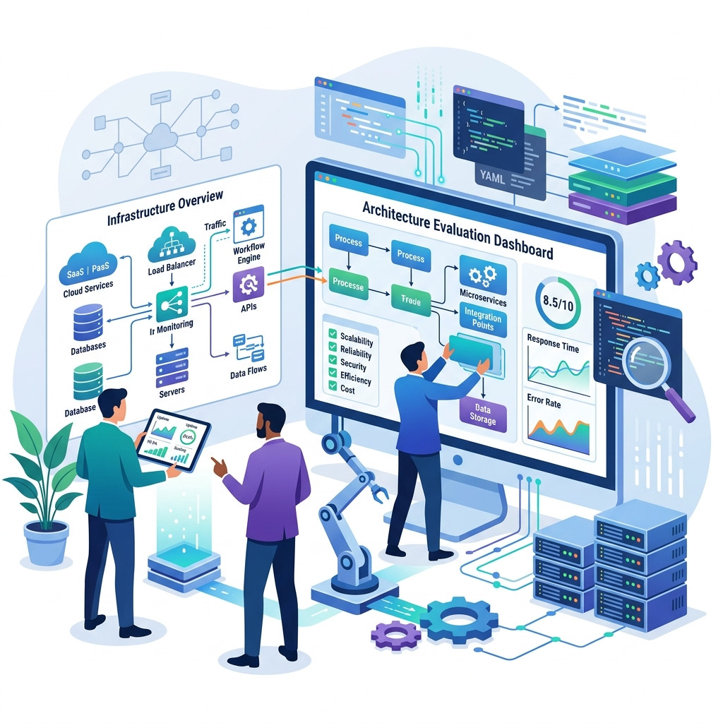Professional B2B SaaS blog illustration representing evaluating automation infrastructure and architecture.