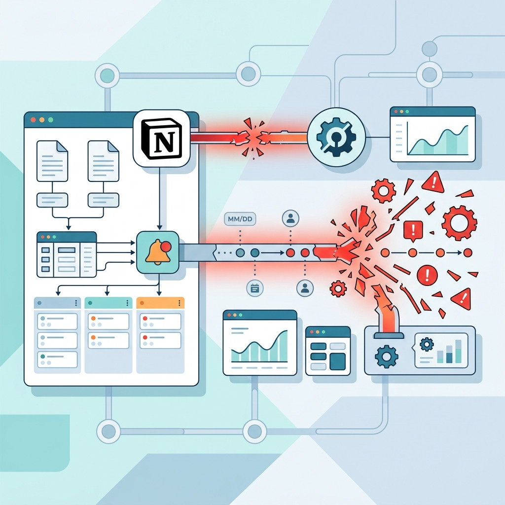 Professional B2B SaaS blog illustration representing Notion integration and chronological alerts breaking