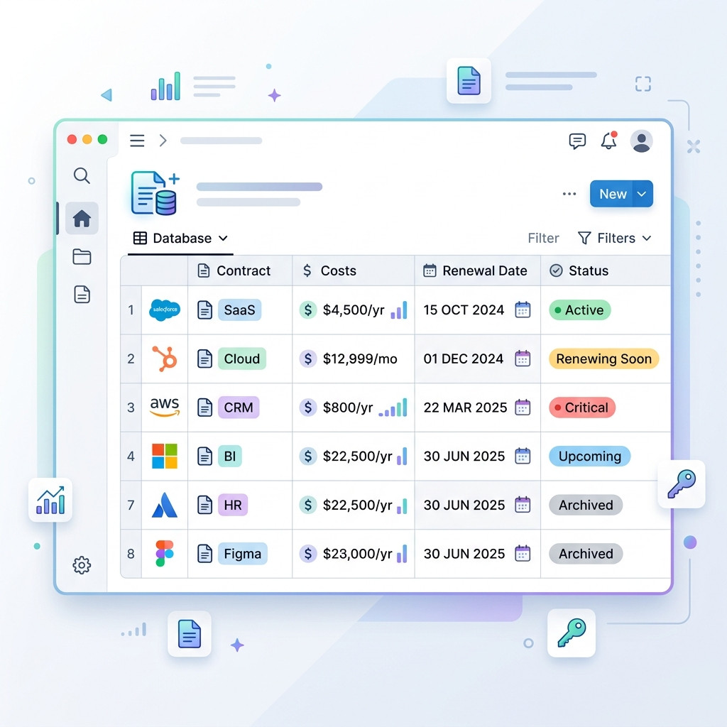 Professional B2B SaaS blog illustration representing A clean, modern Notion database layout showing software contracts, costs, and renewal dates with status indicators.